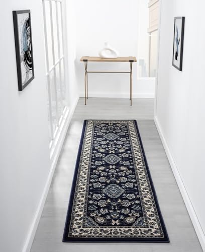 Image of Lord of Rugs Sherborne Traditional Navy Rug for Bedroom Living Room Oriental Floral Bordered Carpet Navy Blue Quality Oriental Rug Runner 66x230 cm (2'3"x7'7")