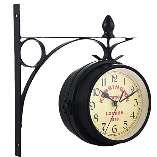 LAFANDE Double Sided Wall Clock | Wrought Iron Antique-Look Brown Round Wall Hanging Clock,Home Decorate, Mounted Clock for Indoor & Outdoor Garden