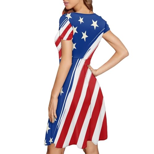 Image of POLERO Women Puffy Swing Elegant Party Midi Dresses Short Sleeve Round Neck A-Line Dress