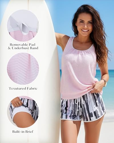 Image of Aidonger Women's Tankini Swimsuit Modest Two Piece Bathing Suit Tummy Control Athletic Blouson Tank Top with Short Bottoms