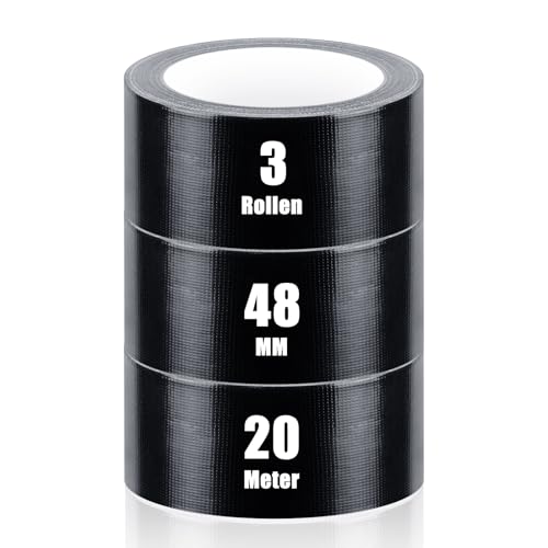 iuqiepo 3 Rollen Panzertape, Gewebeklebeband 20m x 48mm, Wasserfestes Reparaturband für Innen und Außen, Handreißbares Panzerband, Hochklebendes Panzertape Schwarz