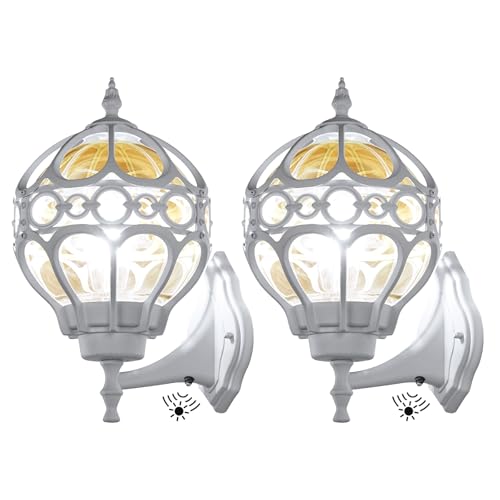 Dusk to Dawn Globe Outdoor Wall Lights, White Porch Light, Aluminum Waterproof Exterior Lighting Fixtures Wall Mount, Sphere Outside House Sconces Lantern with Amber Glass for Patio Garage, 2 Pack