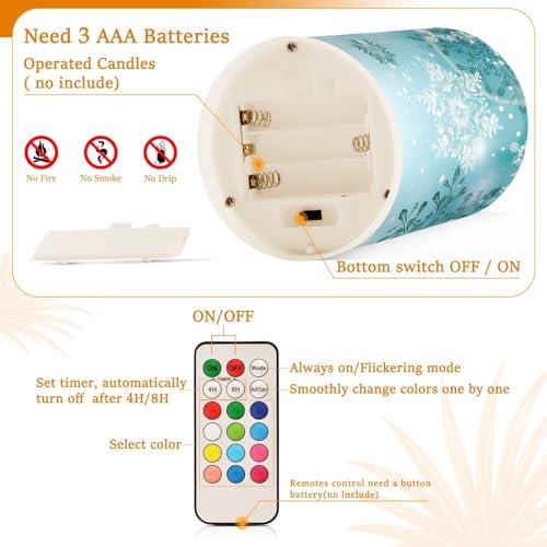 Image of Christmas Lights Decorations Flameless Candles Silver Winter Teal Turquoise Snowflakes Christmas Pillar Candles Set of 2 Battery Operated Remote Control Warm Lights