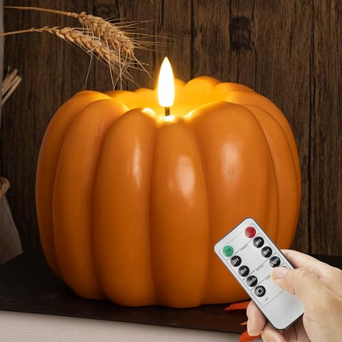 Image of Fall Flameless Candles with Remote, Real Wax Pumpkin Shaped Candle | Flickering Orange Battery Operated Candles, Remote Included, For Autumn, Harvest, Thanksgiving, Halloween, Home, Party Decor