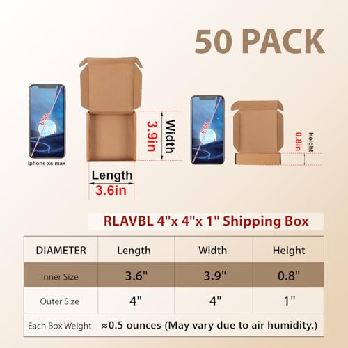 Image of RLAVBL 4x4x1 Small Shipping Boxes Set of 50, Brown Corrugated Cardboard Box for Packing, Mailing, Business