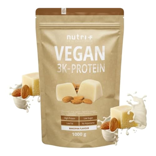 Nutri + Veganes Protein Marzipan 1 kg - 83% Eiweiß - Proteinpulver Winter - laktosefreies Eiweißpulver Low Sugar + glutenfrei - 1000 g Pulver