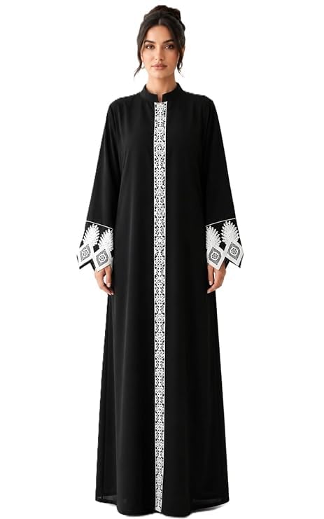 Women's Pure Cotton Solid Embroidered Free Size Full Length Abaya Dress Mandarin Collar Modest Islamic Wear Black6-picture-23