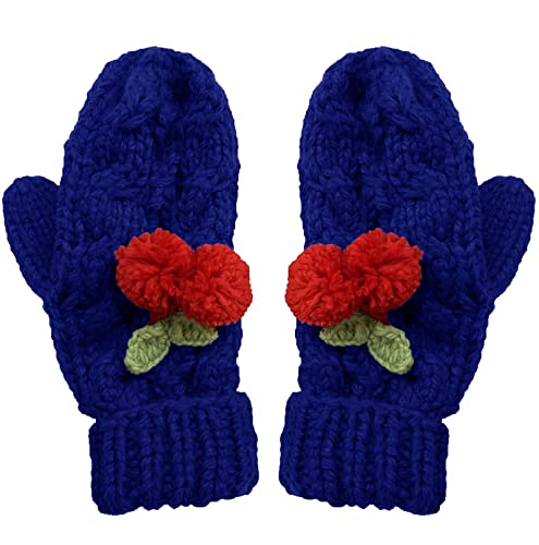 BIBITIME Cute Cherry Gloves Mittens Women Handmade Cable Knitting Winter Warm (One Size, Blue)