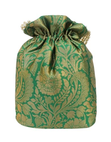 Image of MILAN'S CREATION Banarasi Silk Brocade Potli Bag Purse With Base Drawstring Women's handbag with Pearl Handle & Tassel Weddings