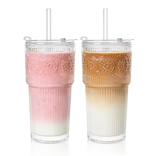 SoulTimes 20oz Ribbed & Floral Glass Tumbler Set...