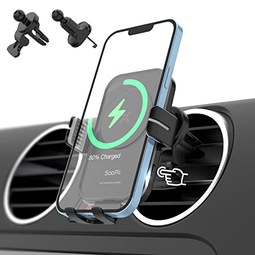 SooPii Cargador Inalámbrico Coche, Carga rápida Qi de 15W, sujeción automática, Compatible con lPhone 14/13/12/11/XS/XR/X/8, Samsung S21/S20/S10/S9/S8 Note 10 y Otros (Grey) Cover