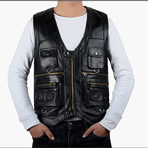 Cowhide Leather Vest Men's Brown Sleeveless Jacket Thickened Motorcycle Vest Multi-Pocket Zipper4