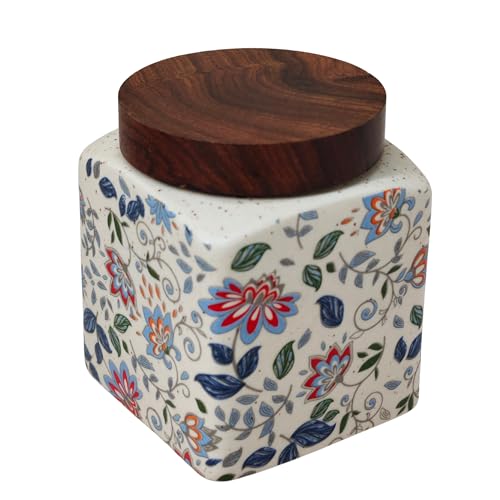 Image of Vistas 'Blue Bloom' Square Airtight 400ml Set of 2 Ceramic Jar for Kitchen Storage | Handcrafted Ceramic Barni with Wooden Lid | Multipurpose Pickle, Spice & Salt Container