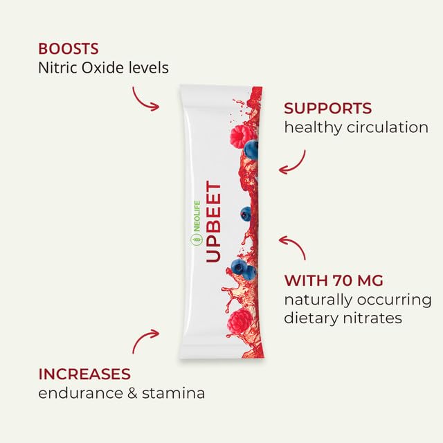 Image of NeoLife UPBEET Drink Mix - Nitric Oxide Blend with Beet Root Powder, Kale, Pomegranate, Super Beets, Moringa & Black Ginger, Blood Pressure Supplements, Mixed Berry Flavor, 30 Sticks