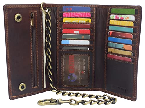 Bikers RFID safe Cow Leather Crazy Horse Brown Long Checkbook Trifold Chain Wallet for Men Vintage Texture style2