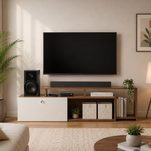 Image of FURNEASER Dexon Modern Engineered Wood Floor TV Cabinet with Storage | TV Entertainment Unit with Cabinet & Open Shelves | Media TV Stand for 32 to 55 Inch TV (Exotic Teak & White)