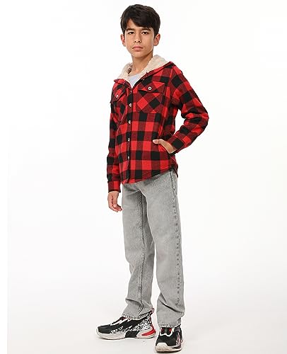 Image of ZENTHACE Boys Sherpa Fleece Lined Flannel Plaid Button Down Shirt Jacket,Hooded Flannel Shirt with Hand Pockets