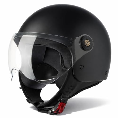 VINZ Duoro Casco Scooter | Casco Jet con Visera | para Moto & Ciclomotor | ECE 22.06 Homologado | En Tamaño XS - XL | para Hombre y Mujer - Negro Mate