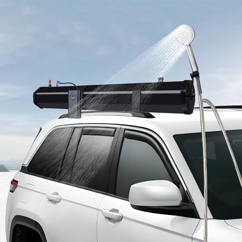 Douche solaire pour voiture 30 L, réservoir d'eau sous pression solaire thermique avec pompe et porte-bagages, douche de camping avec tuyau et pommeau de douche pour aventures en plein air, véhicules