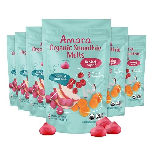Image of Amara Smoothie Melts - Carrot Raspberry - Baby Snacks Made With Fruits and Vegetables - Healthy Toddler Snacks For Your Kids Lunch Box - Organic Plant Based Yogurt Melts - 6 Resealable Bags