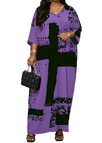 Image of Runwind Plus Size Maxi Dress for Women Short Sleeve V Neck Casual Long Dresses with Pockets