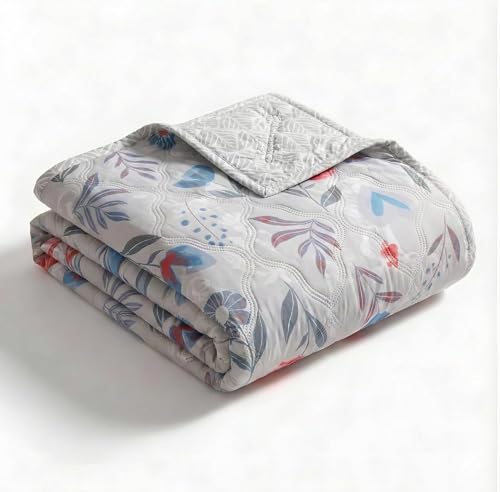 Summer Blanket 100% Cotton Reversible Ac Comforter and Cooling | Classic Printed Design | Quilt | Dohar Single/Double Bed Quilt Ideal for Gifting (Gray Color Floral Desing, Single)