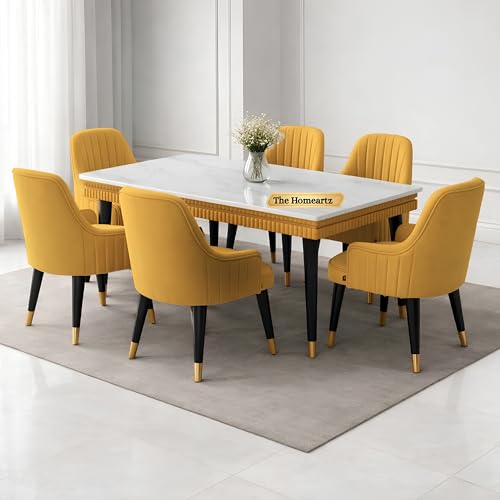 Image of Elara Modern Dining Table Set 6-Seater Wooden Dining Table Set | 1 Year Warranty | Nano Composite Marble Marble Top Table with 6 Chairs (Yellow)