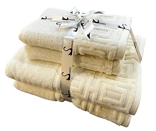 Image of SENSES by Riba Cotton Towel Set 4 Piece (550 GSM) | Sheared Border Bath & Hand Combo | Antimicrobial, Soft, Highly Absorbent, Low Lint Terry | Colour Fast Solid Bathroom Linen - Ivory