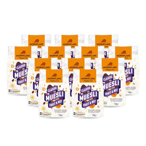 Mornflake - 12x 750g Classic Fruit & Nut Muesli No Added Sugar. Vegan, Healthy, High Fibre Breakfast Cereal With Raisins, Almonds, Nuts & Seeds. (Pack of 12)