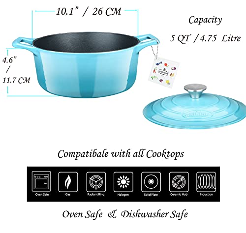 Image of La Cuisine Enameled Cast Iron Dutch Oven Casserole Pot with Lid, Internal Matte Black Enamel Coating for bread baking 5 QT 10.5 inch / 26cm O, For GalssTop Stove, Oven-Safe, Teal