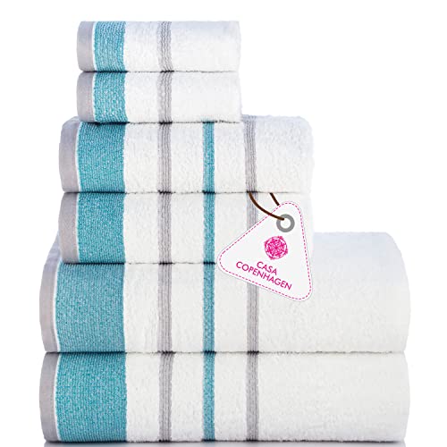 Casa Copenhagen - Egyptian Cotton White Bay Collection 6 Pieces Towel Set Including 2 Bath Towel, 2 Hand Towel, 2 Face Towel - Grey/Teal