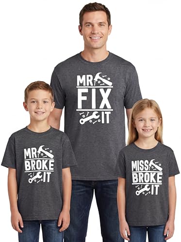 Image of Mr Fix It and Mr Broke It Miss Broke It Daddy and Me Matching Father's Day Shirts Set Heather Grey