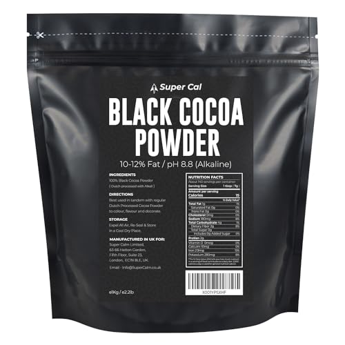 Black Cocoa Powder for Baking - 1kg Pouch | Intense Deep Black Dutch Processed Unsweetened Cocoa Powder | pH 8.8 (Zero Bitterness) with 10-12% Fat | Super Cal