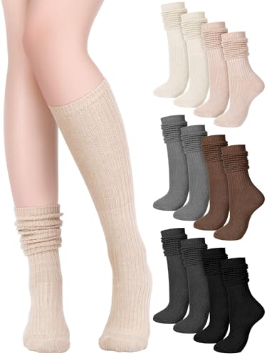 Image of Fourluoo 6 Pack Women Slouch Socks Cotton Knit Scrunch Stacked Knee High Boot Socks for Women