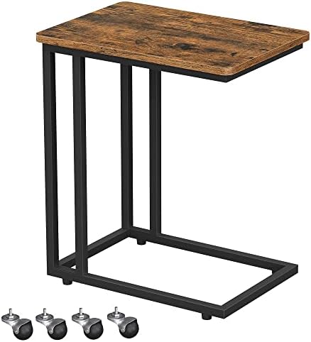 VASAGLE End/ Side Table, TV Tray, C Shaped Snack Table with Metal Frame, Rolling Casters, Industrial, for Living Room, Bedroom, Rustic Brown and Black ULNT50X