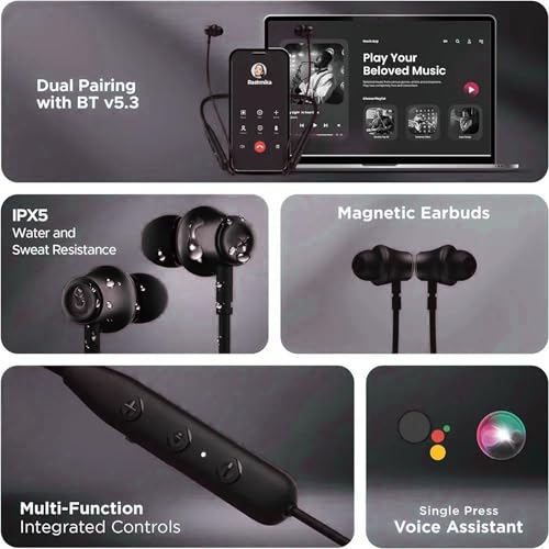 Image of boA Bluetooth Neckband Earphones with Mic, Fast Charging Support, Ergonomic Neckband Fit, HD Calling Mic, Sweat Resistant Build for Workout Office Travel, Compatible with Android and iOS Devices