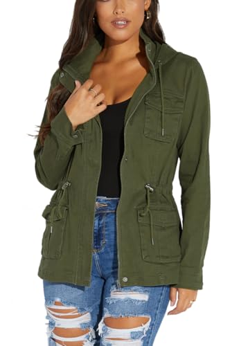 SheKiss Womens Military Fashion Jackets Lightweight Long Sleeve Zip-Up Multiple Pockets Girls Outerwear