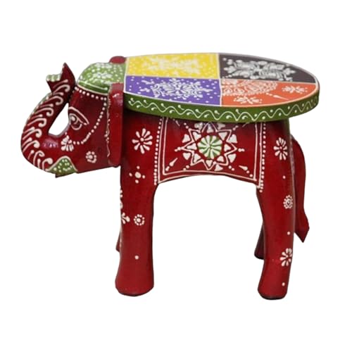 Image of Hand-Crafted and Emboss Colorful Painted Wooden Elephant Shape Stool for Home /Office /Living or Bedroom Decor,Decorative Showpiece (8 Inches Height, Maroon)