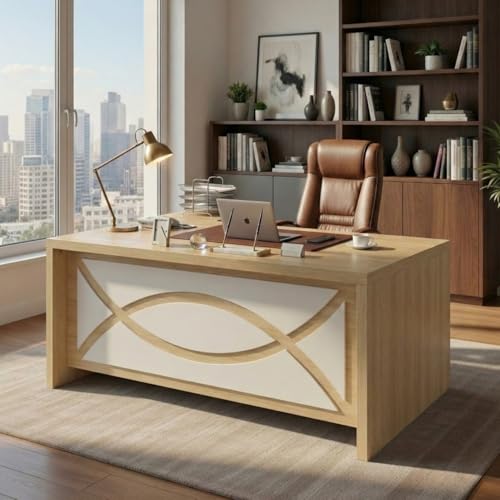 Image of TEKAVO Kairo Director Table for Office with 2 Drawer & Storage, Executive Desk for Office, Laptop Table, Boss Table, Luxury MD Desk, Brown & Black Wood (150 Cm x 60 Cm x 75 Cm) - DIY