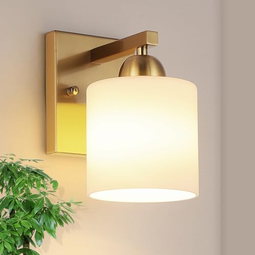 Image of Mecgirn Gold Milk Glass Wall Sconces, 1 Pack Hardwired Indoor Wall Light Fixtures for Living Room, Hallway, Bedroom, Ceramic E26 Sockets (Bulbs Not Included)
