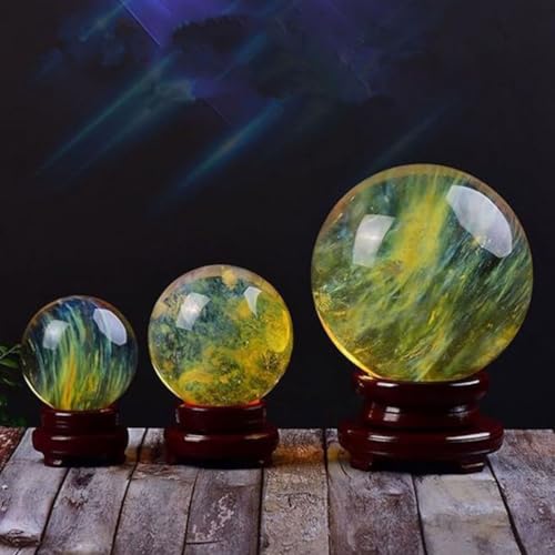 Bola de obsidiana amarilla HHCTEBEC de 8cm con soporte de madera para decoración 6