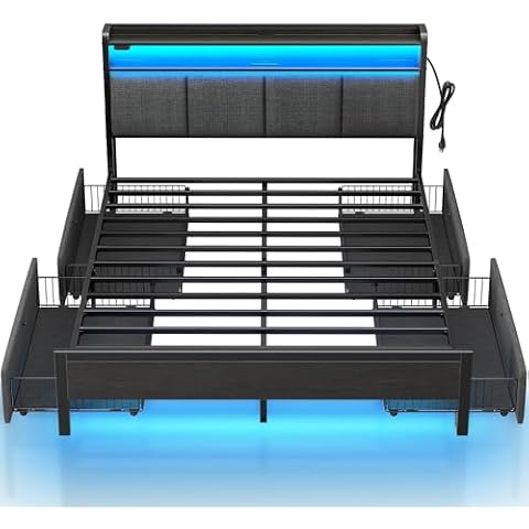 Rolanstar Bed Frame Full Size with Charging Station and LED Lights, Upholstered Storage Headboard with Drawers, Heavy Duty Metal Slats, No Box Spring Needed, Noise Free, Easy Assembly, Dark Grey Cover