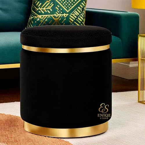 Image of Luxury Velvet Round Ottoman Stool | Gold Base & Trim Accent Furniture | Modern Vanity Pouffe | Footrest Seat for Living Room, Bedroom & Makeup Area (Black)