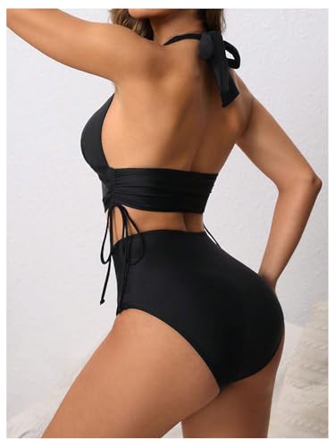 SweatyRocks Women's Drawstring Halter Bikini Set High Waisted 2 Piece Swimsuit Bathing Suit2