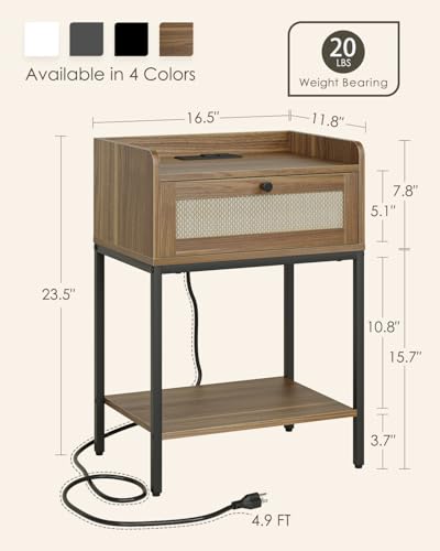 Image of Masupu Nightstand with Charging Station, Modern Bedside Table Night Stand with Storage Drawer and Shelf,Small End Side Table for Bedroom,Living Room,Walnut Brown