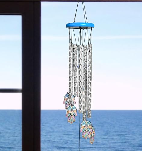 Image of ZAICUS Hamsa Hand Wind Chime - 23-Inch Metal Wind Chimes for Home Decor, Protection & Positive Energy - Hanging Bells for Balcony, Garden & Outdoor Spaces