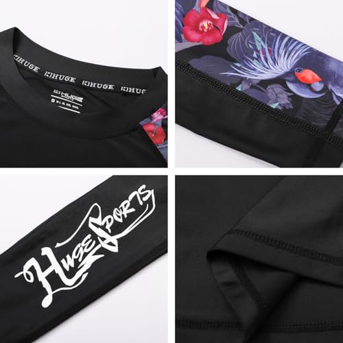 Image of HUGE SPORTS Men's Rash Guard Long Sleeves UPF 50+ UV Sun Protection Quick Drying Splice Compression Swim Shirts