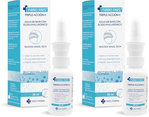Naso FAES - Triple Acción+, Spray Nasal con Agua de Mar y Ácido Hialurónico, Calma, Hidrata y Alivia la Sequedad Nasal - 30 ml (Paquete de 2)