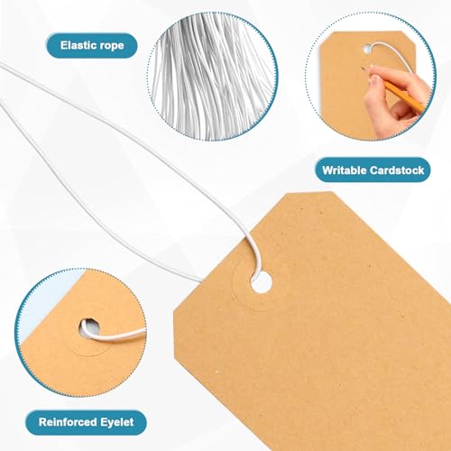 100 Pack Manila Shipping Tags with Elastic String Blank Labeling Tags with Strings Attached, 4 3/4\" x 2 3/8\"