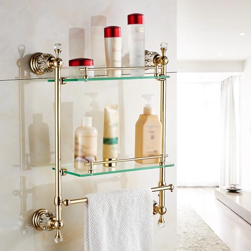 Estante dorado de doble capa de vidrio templado montado en la pared, estantes de baño, toallero dorado para baño, hotel, cocina, organizadores y almacenamiento